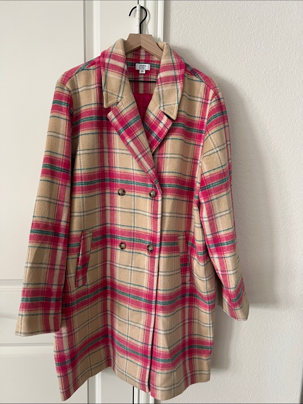 crown & ivy Beige and Pink Plaid Double-Breasted Pea Coat with Green Accents